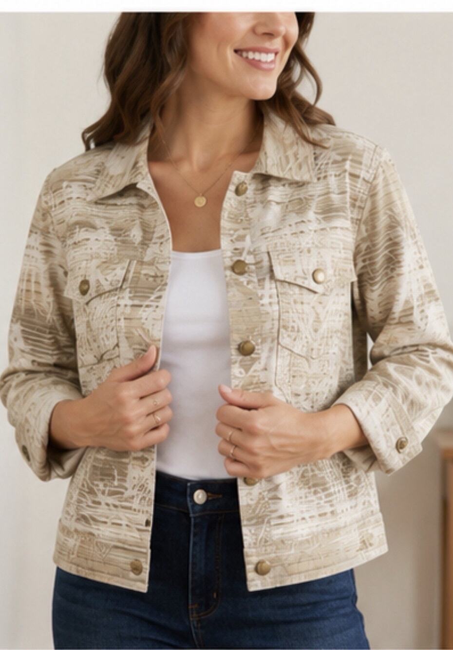 Caribbean Joe Womens Small Floral Utility Jacket Button Front Beige Cotton Blend